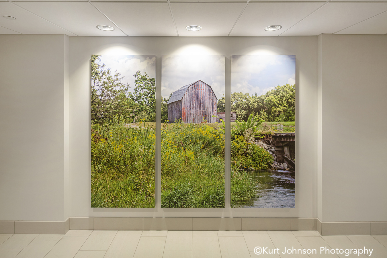 Brooking SD install 3 panel triptych gallery wrapped canvas split wall art installation barn midwest