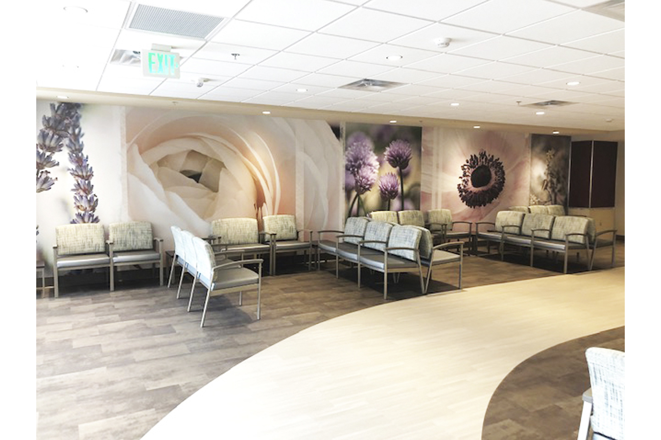 University of Tennessee TN healthcare lobby waiting Koroseal type II vinyl wallcovering pink purple flower botanical flowers slices hospital design art install installation