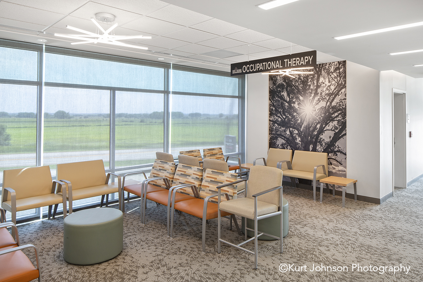 Faith Regional Health Norfolk NE install installation koroseal Type II vinyl wallcovering black and white tree landscape botanical lobby waiting area seating chairs