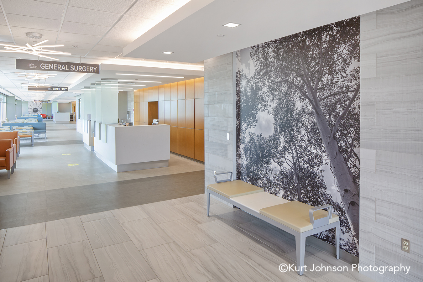 Faith Regional Health Norfolk NE install installation koroseal Type II vinyl wallcovering black and white tree landscape tree trees botanical lobby waiting area seating chairs