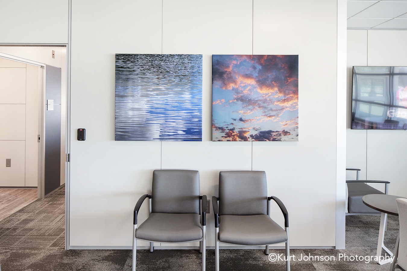 Methodist waiting room Elkhorn indian creek install installation blue water clouds chairs furniture 