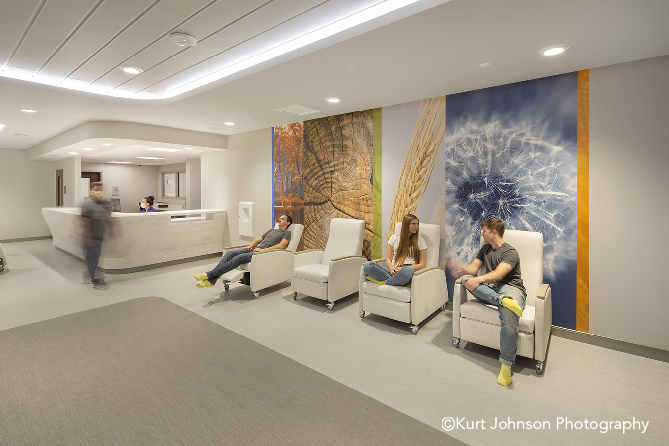 Nebraska Medicine Koroseal Fusion Custom Photographic Color Slices Vector Graphics Grasses Landscape Tree Botanical Flower Psychiatric Emergency Services Hallway Seating Patient Waiting install installation Behavioral Health 