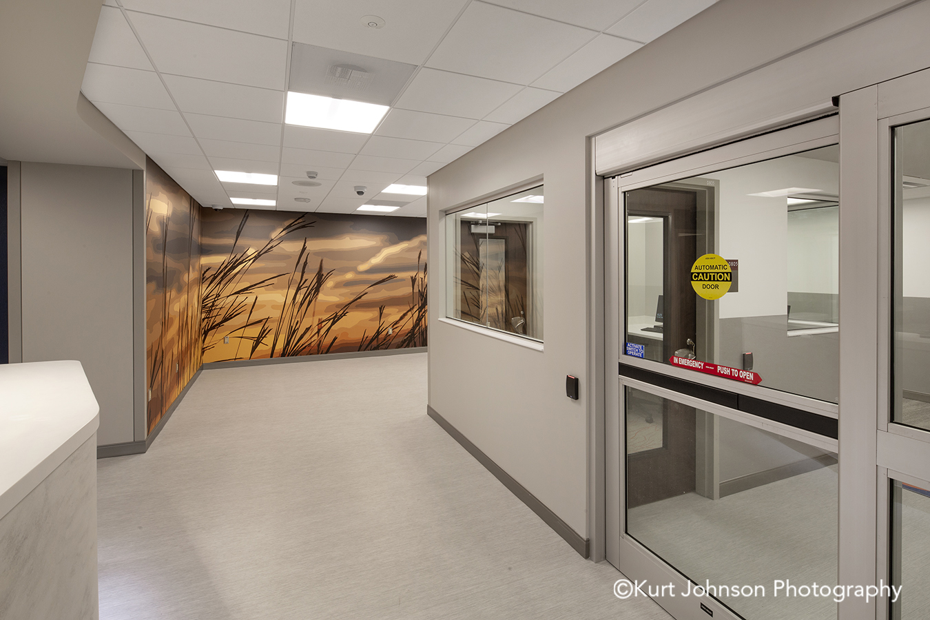 Nebraska Medicine Koroseal Fusion Custom Photographic Vector Graphics Grass Grasses Landscape Psychiatric Emergency Services Hallway Corridor Install Installation Behavioral Health 