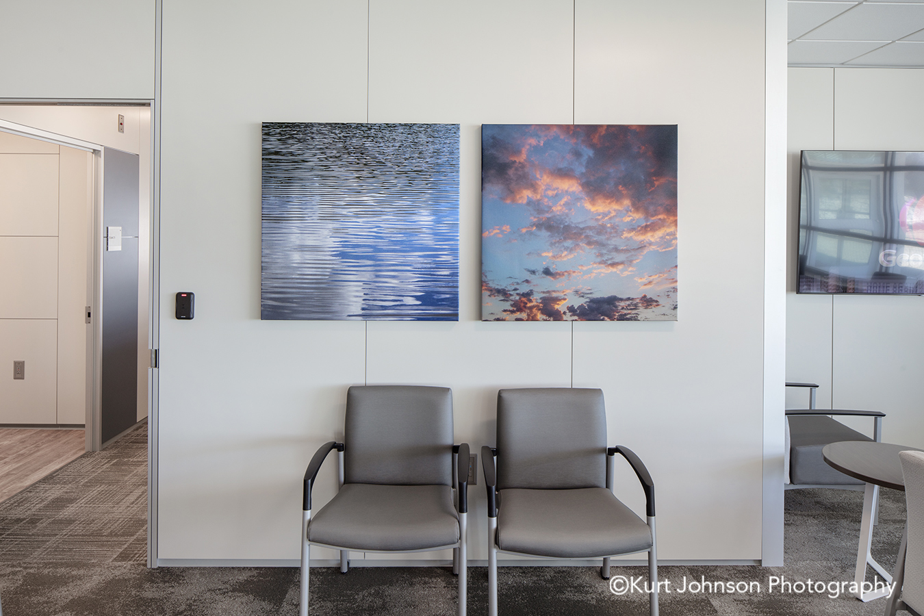 methodist physicians clinic elkhorn best care gallery wrapped wrap canvas wall art blue water clouds sky healthcare installation lobby waiting chairs