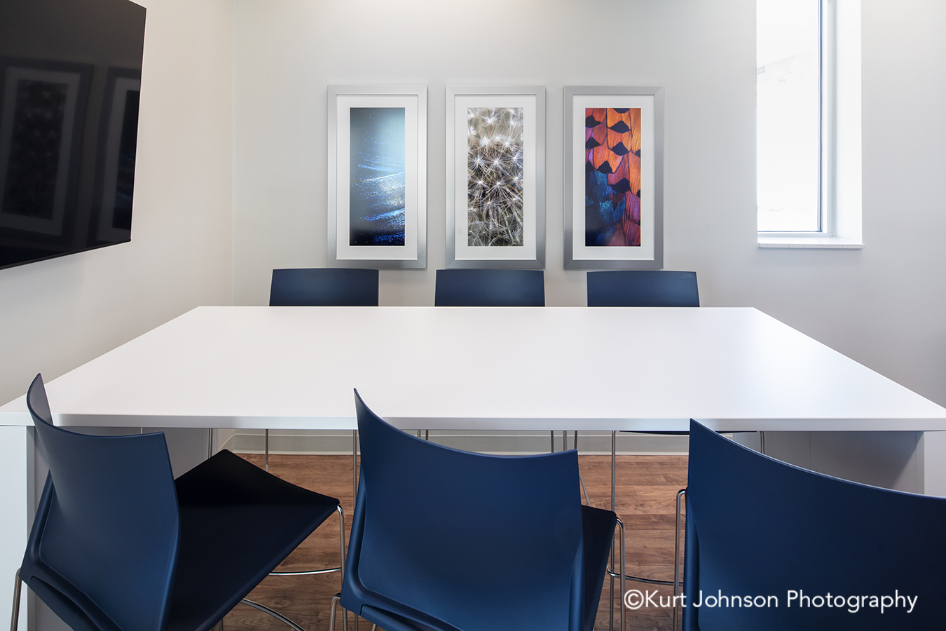 silver frame framed art install installation wall feather texture water staff breakroom room table chairs methodist physicians clinic elkhorn nebraska best care positive distraction patient outcomes