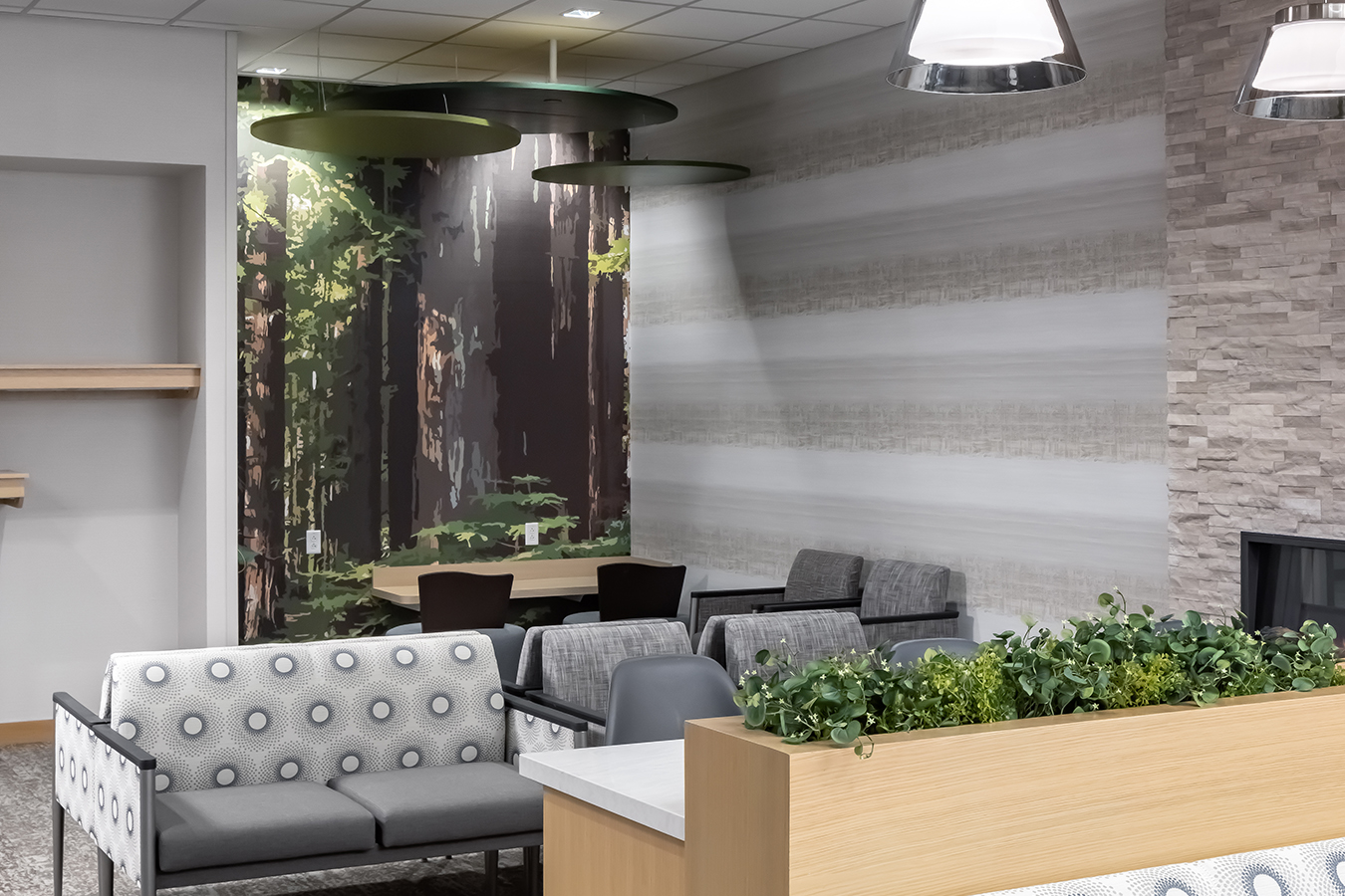 Fairview health services river falls WI Wisconsin BDH Koroseal large scale wallcovering custom vector children children's graphic green tree trees branches forest canopy fort waiting lobby positive distraction children's hospital art biophilic design