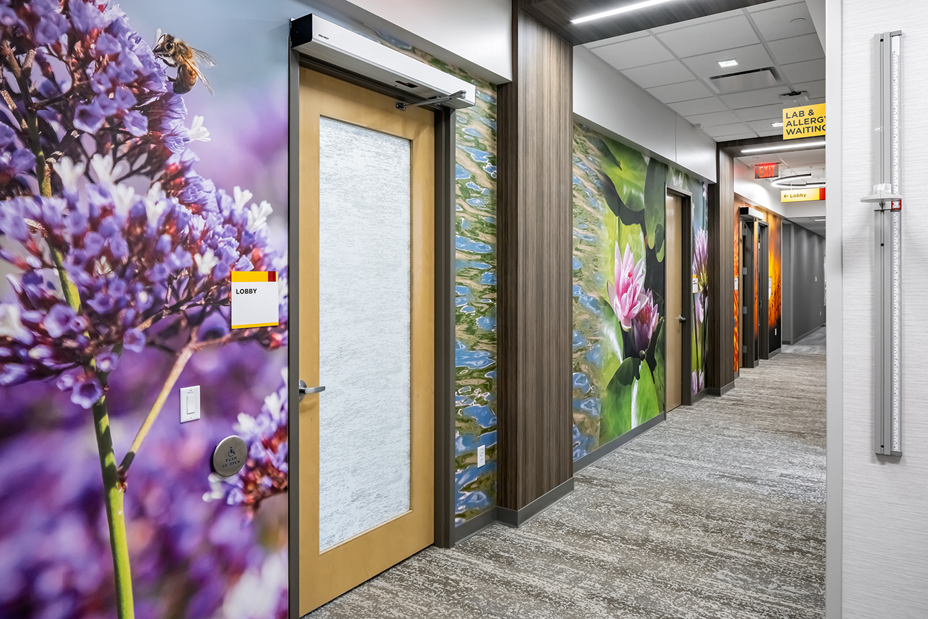 Fairview health services river falls WI Wisconsin BDH Koroseal large scale wallcovering custom color botanical flowers colorful slices graphic mural waiting positive distraction hall hallway corridor hospital art biophilic design wrap