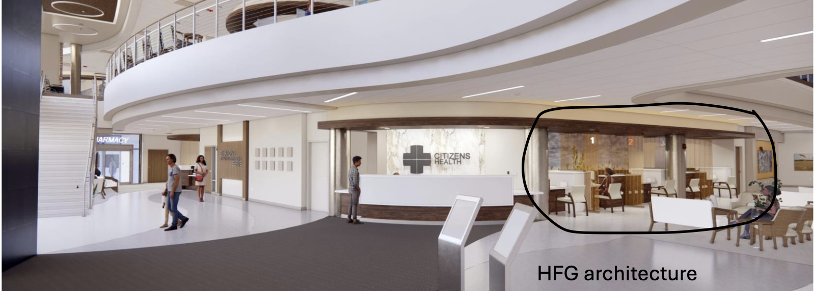 Architectural rendering of check-in desk with healthcare brand logo and biophilic nature art mock-up in background behind the desk for patient and visitor viewing.