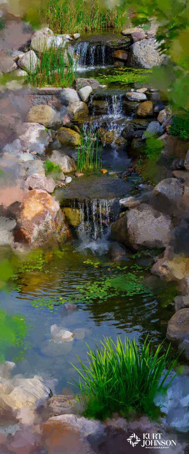 A tall, vertical photograph of a soothing waterfall with hand-painted brushstrokes creates an unexpected and creative display of biophilic design.